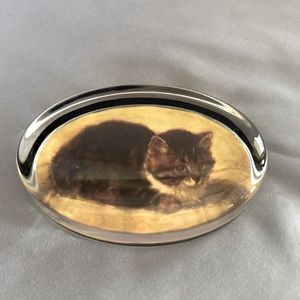 Vintage Cat Paperweight with cat in oval glass with black flocked bottom used